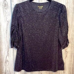 Kate Spade Black With Gold Ruched 3/4 Sleeve Blouse L